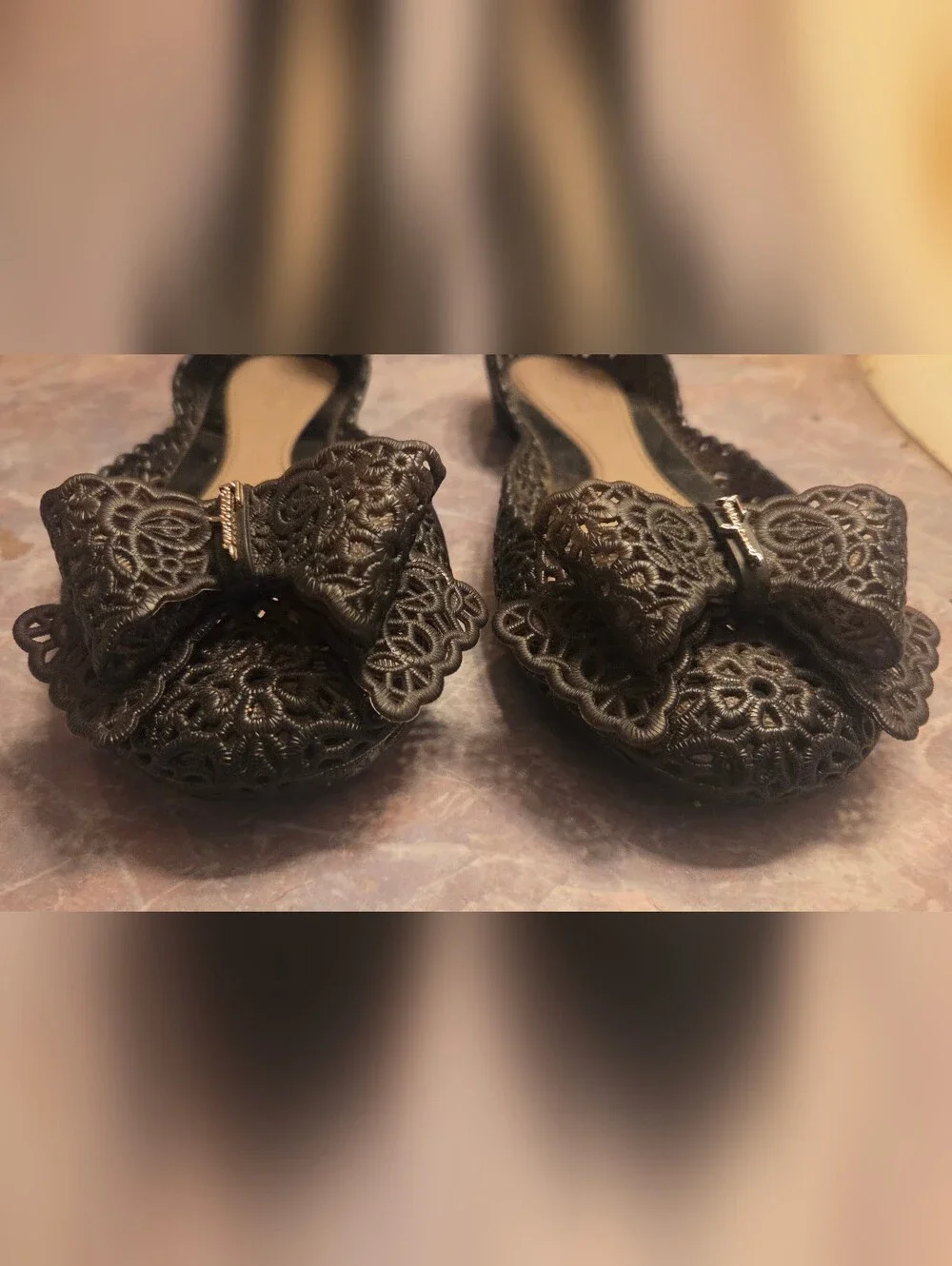 Salvatore Ferragamo Black Lace Bow  Flats - Picture 2 of 6